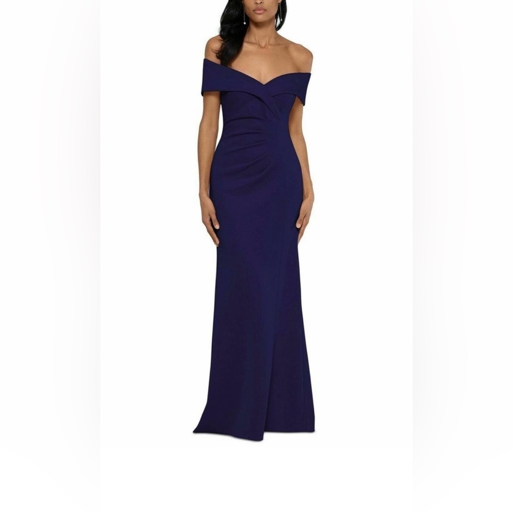 Xscape navy blue off shoulder full length gown , size 12
